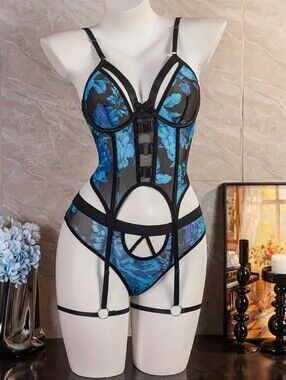 2pc Blue & Black Floral Semi Sheer Bustier Lingerie W/Garters & Cutouts (M) 🔥🤤